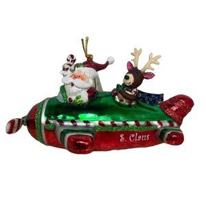 Noble Gems Santa and Deer in Air Plane Hand Blown Glass Ornament